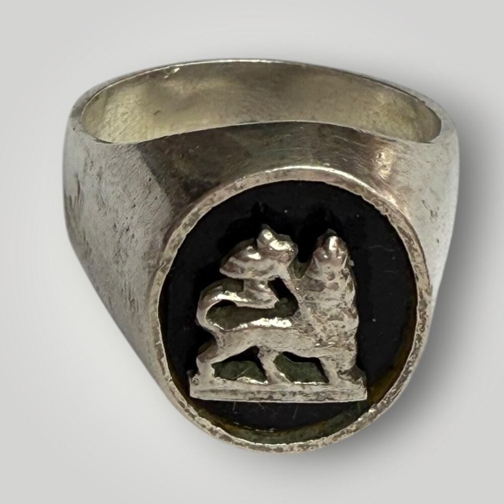Vintage Sterling Silver Signet Ring Lion Crest Black Stone Men’s Ring Size 10.5